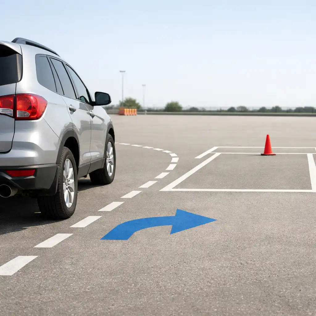 Editorial vehicle image showing a car approaching a marked parking bay in a daylight practice area
