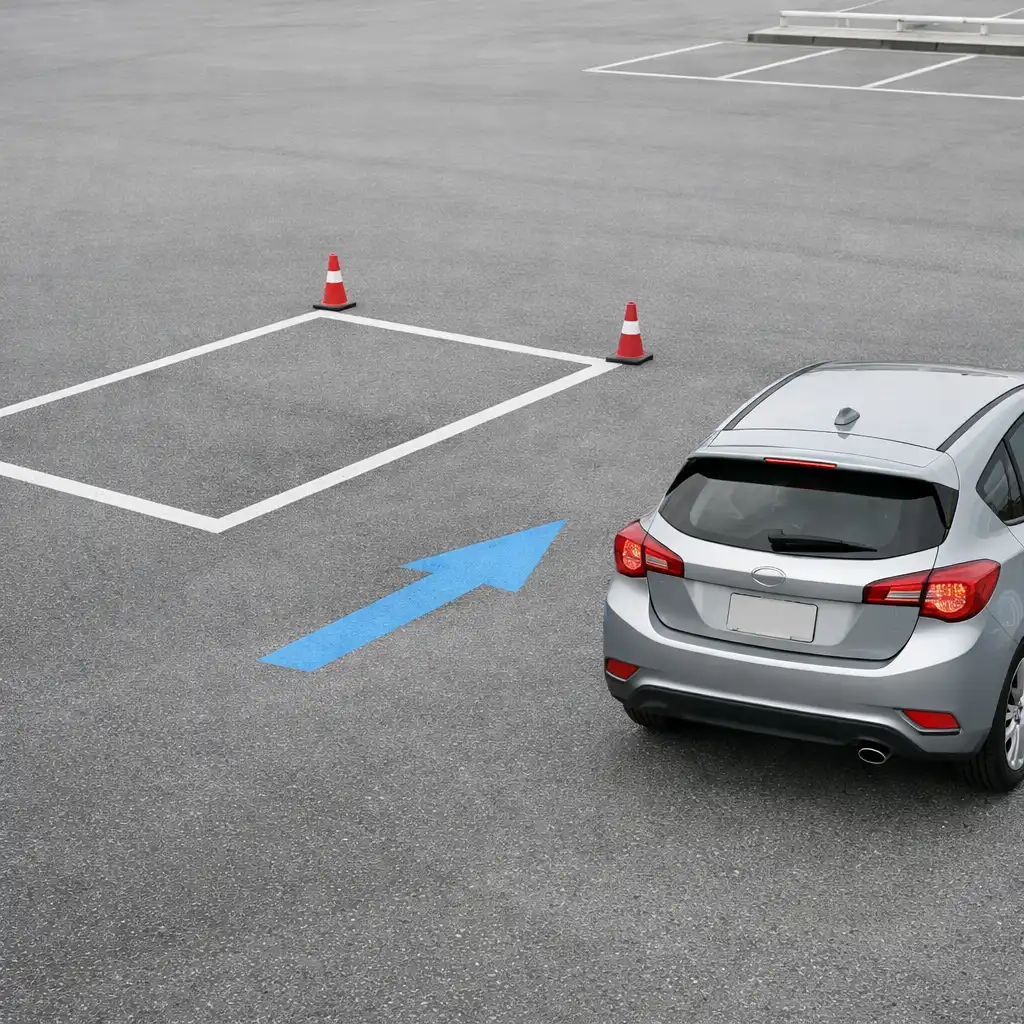 Editorial illustration of a compact car approaching a marked parking bay