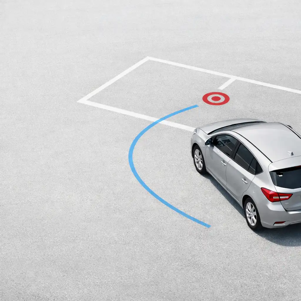 Car approaching a marked parking bay with visible bay lines and a target position.