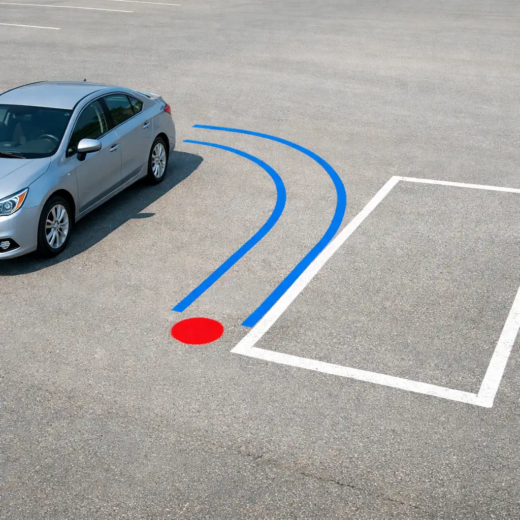 Car aligned beside a marked parking space with clear room to turn.