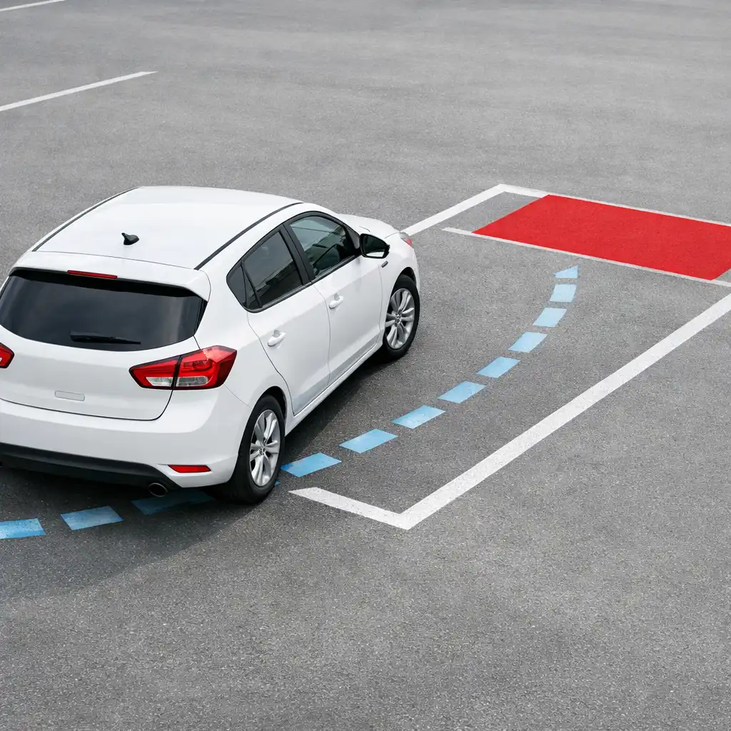 Car reversing toward a marked bay with a visible rear path.