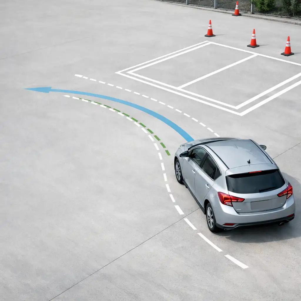 Compact car approaching a marked parking bay in a bright practice lot