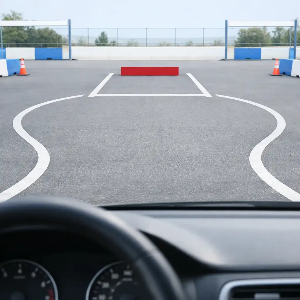 Editorial forward-looking parking approach showing a marked bay and open manoeuvring space