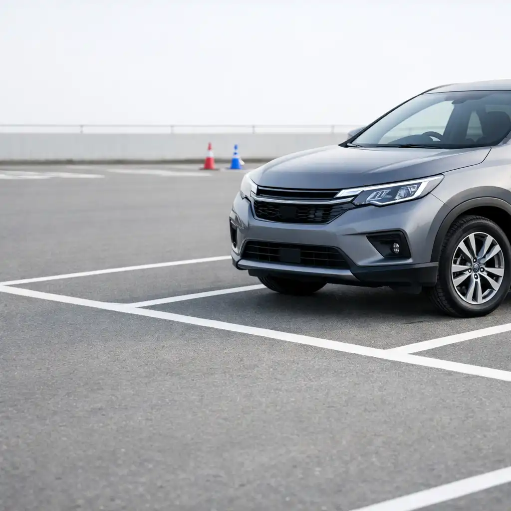 An unbranded car carefully approaching a marked outdoor parking space.