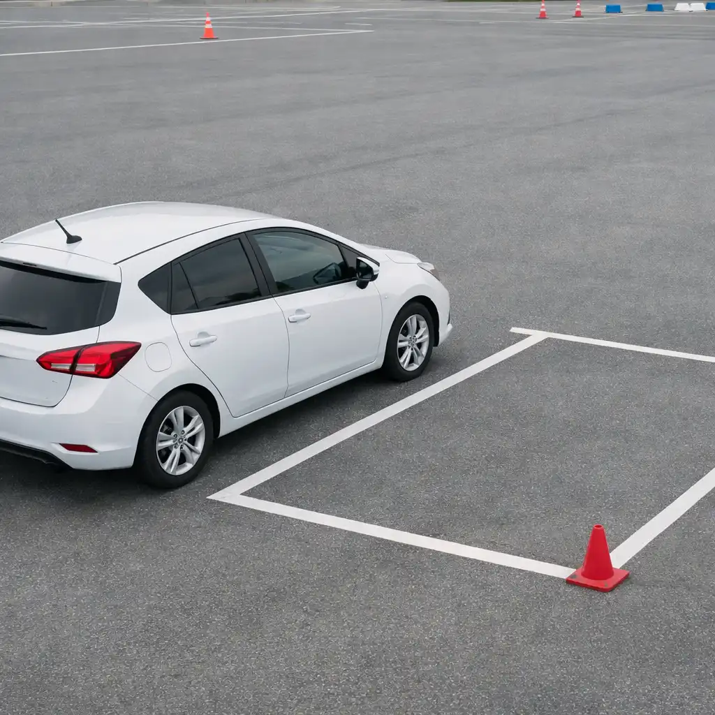 Unbranded compact vehicle paused near visible parking-space reference lines in an outdoor practice area