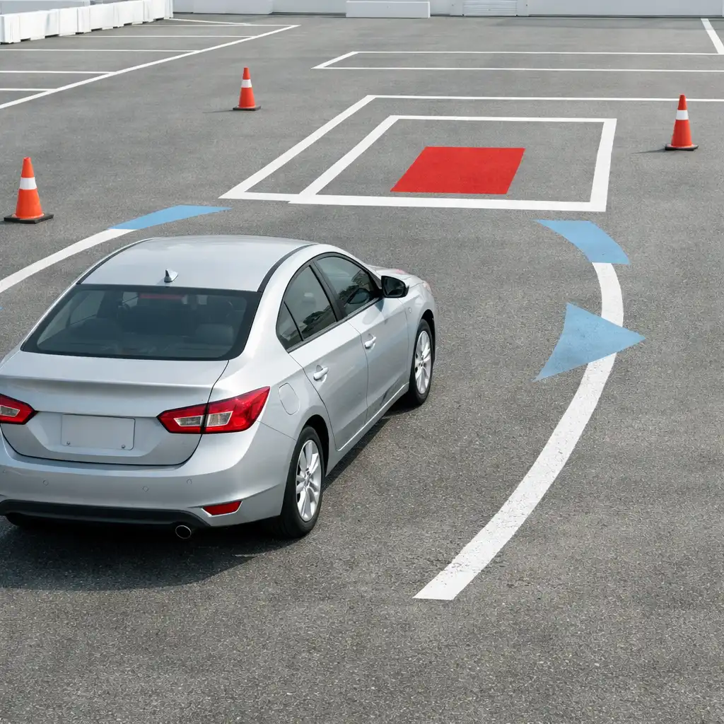 Editorial parking-course scene with a car approaching a marked bay