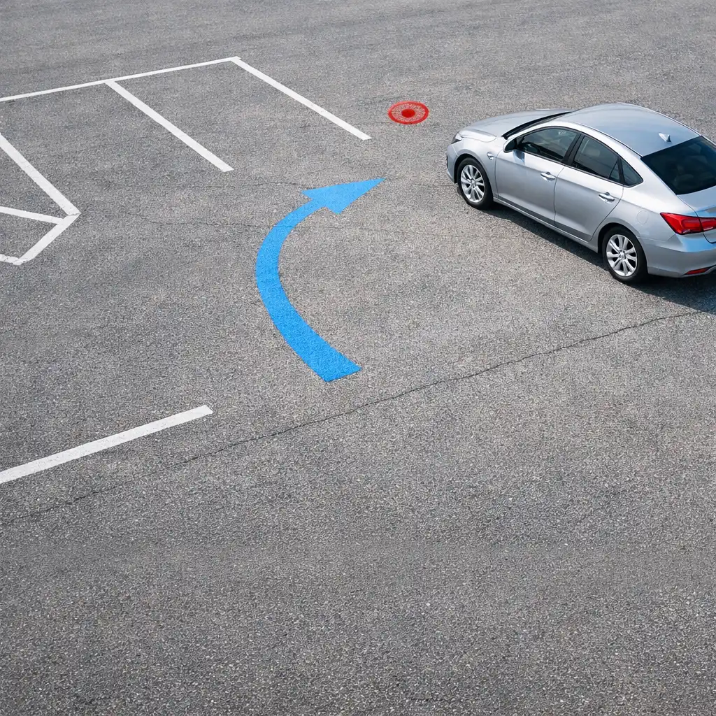 Unbranded car near clear painted bay lines in an open paved practice lot