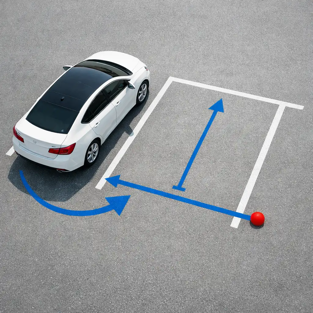 High three-quarter overhead view of an unbranded car beside marked parking bay lines
