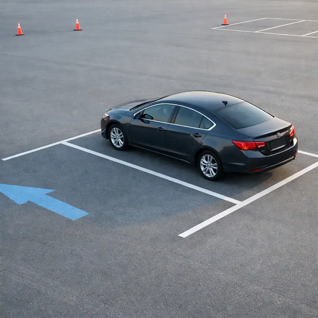 Editorial illustration of a sedan positioned within bright white parking lines