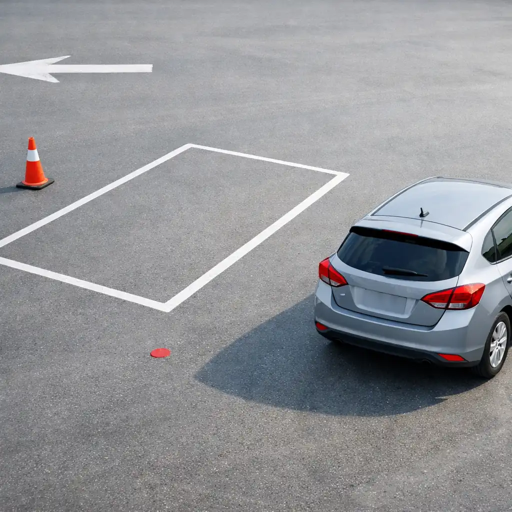 Unbranded compact car approaching a marked parking bay in a bright practice lot