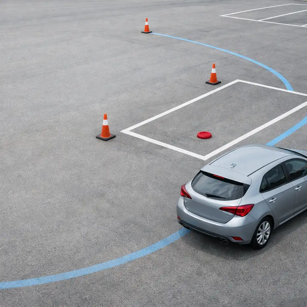An unbranded compact car approaching a marked parking bay in a bright practice area