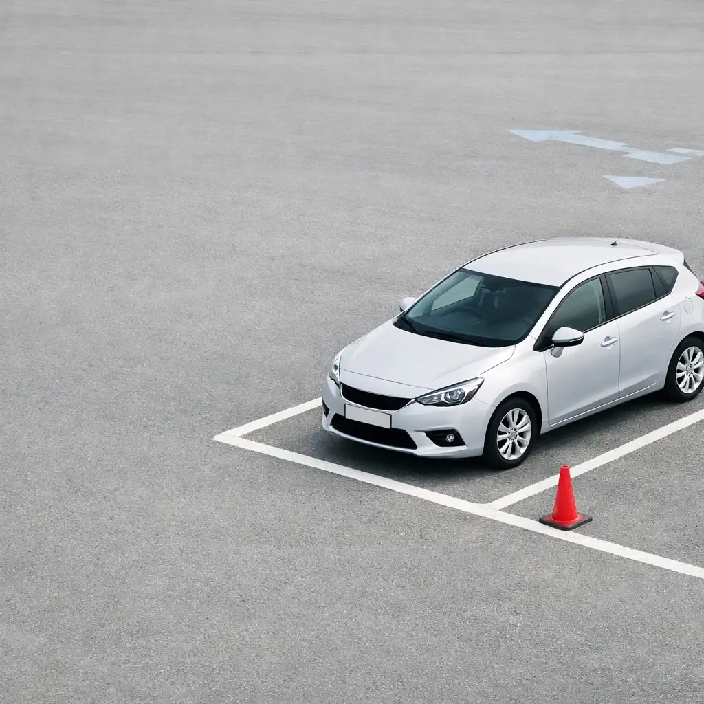 Editorial view of a compact car positioned within marked parking bays on a practice lot