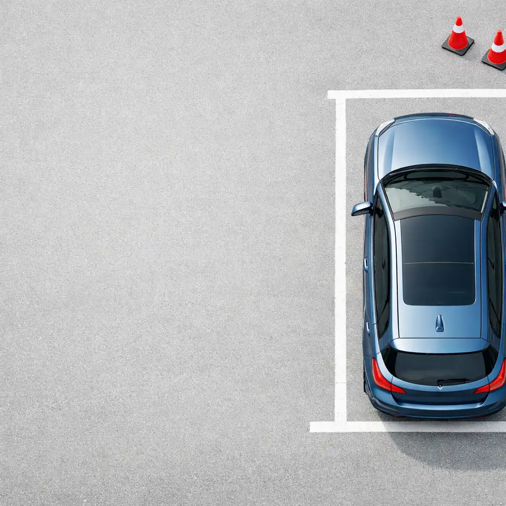 Top-down view of an unbranded car positioned beside marked parking bays.