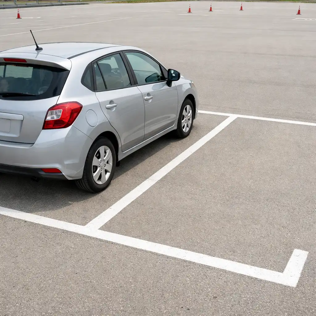 Car beside a clearly painted parking bay, with its nearest side edge and bay boundaries visible